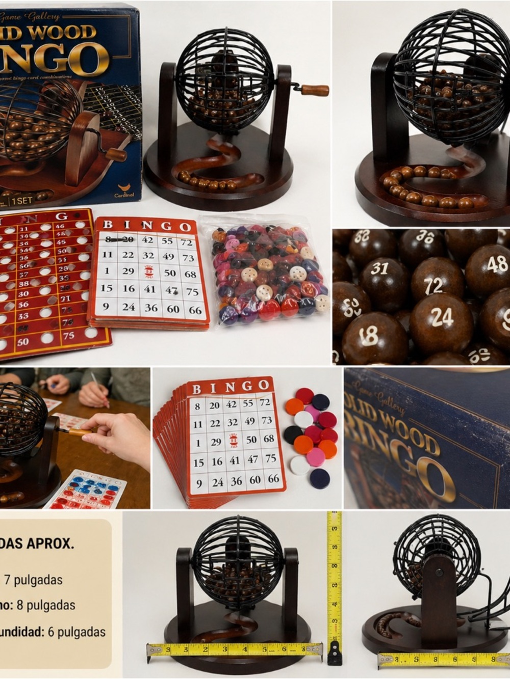 Solid Wood Bingo Game Set w Cage Balls Cards Game Gallery Complete